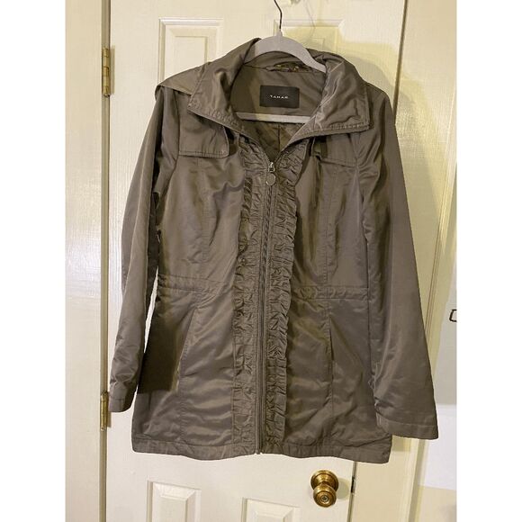 Tahari Quilted Ruffle Zip Coat, Hooded Jacket, Sz Medium - Picture 2 of 14